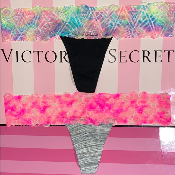 2 Victoria’s Secret PINK Thong Panties PINK lace panties bundle neon tie dye - Picture 1 of 5